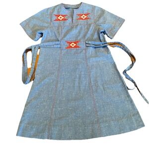 Vtg Mexican embroidered midi dress geometric med Large Blue Boho Peasant Folk